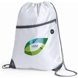 A drawstring backpack in white, featuring a colourful leaf logo and a front zip pocket.