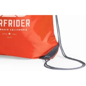 A red drawstring bag with a black strap and a logo. The bag features a smooth finish and is lightweight.