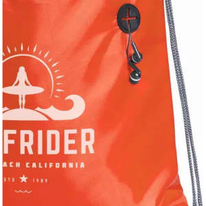 A drawstring bag in vibrant orange featuring a logo and a toggle closure.