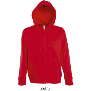 A red men's hoodie with a lined hood, hidden zip, made of 50% cotton and 50% polyester. Features a logo.