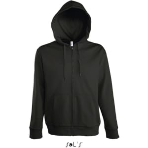 A black lined hoodie with a hidden zip, made of 50% cotton and 50% polyester, featuring a logo.