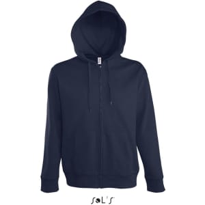 A navy blue hoodie with a lined hood, hidden zip, and a logo, made from 50% cotton and 50% polyester.