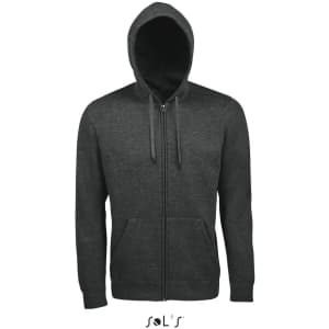 A men's hooded sweatshirt in dark grey with a lined hood, hidden zip, and two front pockets. It features a logo.