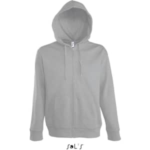 A grey men's lined hoodie with a hidden zip, made from 50% cotton and 50% polyester. Features a logo.