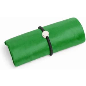 A green roll-up organiser secured with a black band and a silver button detail.