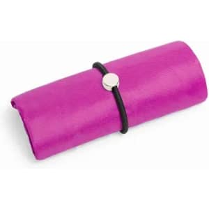 A purple, rolled-up product secured with a black elastic band and silver fastener, featuring a smooth texture.