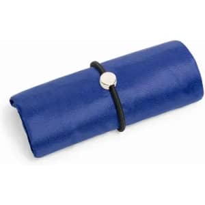 A blue rolled-up product secured with a black band and silver button. It has a textured surface.