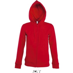 A red women's hoodie with a lined hood and hidden zip, made from 50% cotton and 50% polyester. Features a logo.