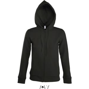 A women's lined hoodie in dark green, featuring a hidden zip, made of 50% cotton and 50% polyester.