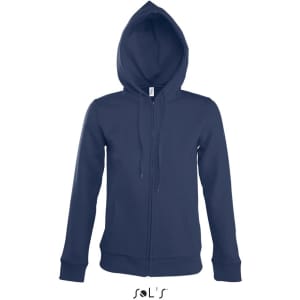 A navy women's hoodie with a lined hood, hidden zip, and made of 50% cotton and 50% polyester. Features a logo.