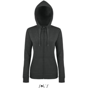A women's lined hoodie in dark grey with a hidden zip, made from 50% cotton and 50% polyester. It features a logo.