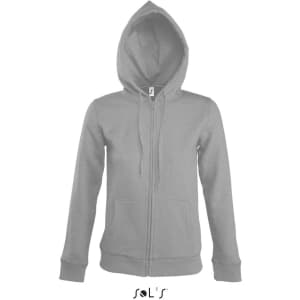 A women's lined hoodie in grey with a hidden zip, made of 50% cotton and 50% polyester. Includes a logo.