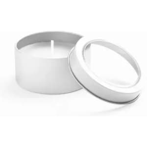 A white candle in a round tin with a removable lid, showcasing a smooth surface and minimalistic design.
