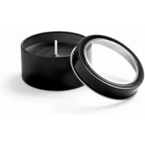 A black candle in a sleek tin container, partially opened to reveal the wick and wax inside.
