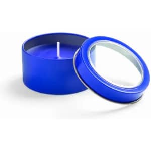 A blue candle in a round tin with a removable lid, showcasing a simple design.