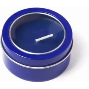 A blue candle in a round tin container with a clear lid. It has a central wick.