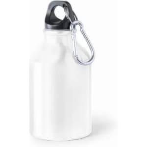 A drink bottle in white with a black cap and a silver carabiner clip for easy attachment.