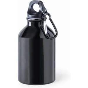 A drink bottle in sleek black with a carabiner clip for easy attachment. It features a smooth, shiny finish.