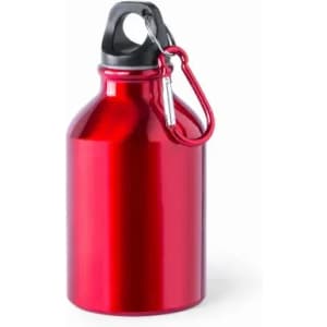 A drink bottle in shiny red metal with a black cap and a silver carabiner.