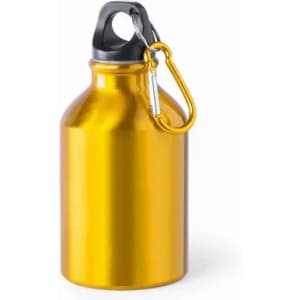 A drink bottle in a shiny yellow finish with a black lid and a silver carabiner attachment.
