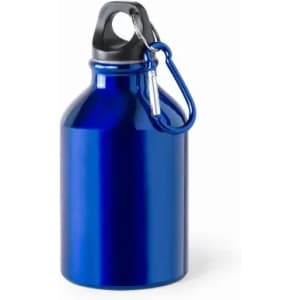 A drink bottle in shiny blue with a black lid and a silver carabiner. Features a logo on the body.