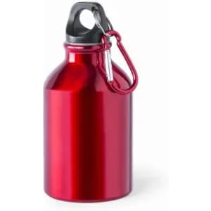 A drink bottle in shiny red with a black cap and a metal carabiner attached.