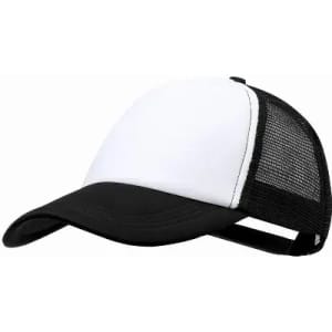 A black and white cap with a mesh back and curved visor, featuring an adjustable strap.