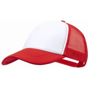 A red and white cap featuring a solid front panel and mesh back for ventilation.
