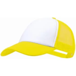 A yellow and white cap with a mesh back and curved brim, featuring a logo on the front.