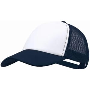 A navy and white cap featuring a mesh back and a curved visor. The cap has an adjustable strap at the back.