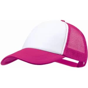 A cap featuring a white front panel and a pink peak and mesh back. It has an adjustable strap at the back.