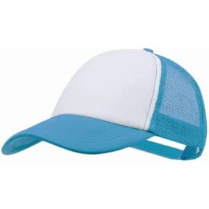 A cap featuring a white front panel and a turquoise mesh back. It has an adjustable strap at the rear.