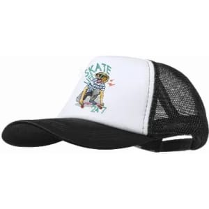 A cap featuring a white front with a skateboarding graphic and black mesh back. It has an adjustable strap.