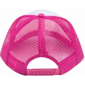 A pink snapback cap with a mesh back, featuring an adjustable strap for comfort.