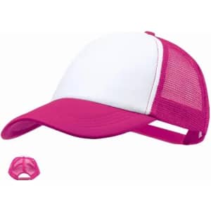 A pink and white cap with a mesh back and a curved brim, featuring a logo on the front.