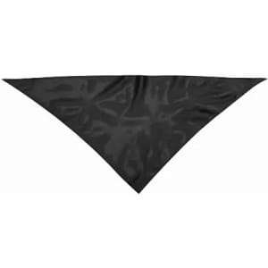 A triangular black bandana made of a smooth fabric with a slight sheen, featuring a logo.