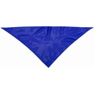 A triangular promotional flag in a vibrant blue colour, featuring a simple design and texture.