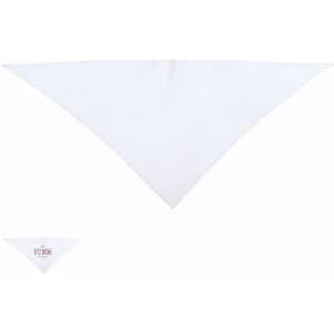 A triangular white bandana featuring a small logo on the corner.