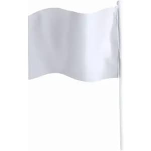 A white flag on a white pole, gently waving. The flag is blank with no markings.