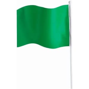 A green flag on a white pole, gently waving in the breeze.