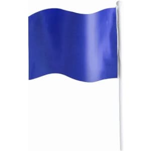 A blue flag on a white pole, featuring a smooth, wavy design.