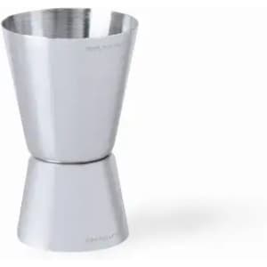 A drink bottle in a metallic silver finish, featuring a sleek, two-tiered design and a branding logo.