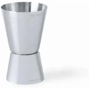 A stainless steel jigger with a conical shape, featuring a logo on the side.