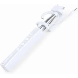 A selfie stick in white with a telescopic design and a 3.5mm audio jack, featuring a coiled cord and grip.