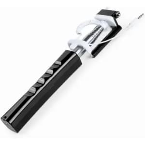 A black selfie stick with a white grip and an attached cord, featuring buttons for capturing photos.