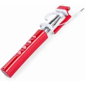A red selfie stick with a telescopic design and a white attachment for connecting to a smartphone.