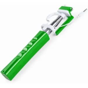 A green selfie stick with a metallic finish and a white attachment for a phone, featuring buttons for capturing photos.