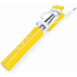 A yellow selfie stick with a metal extendable pole and a headphone jack for connecting to devices.