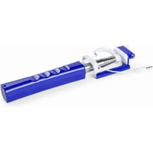 A blue selfie stick with a retractable arm and a clip for securing a smartphone. It features a built-in button for taking photos.