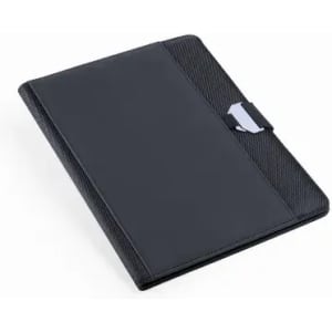 A black document folder with a textured finish and a silver clasp closure. It features a logo on the front.